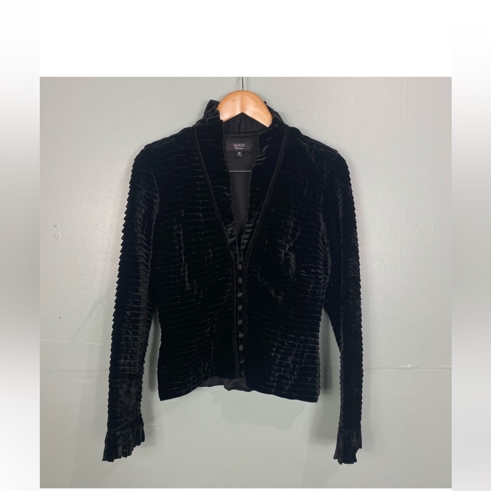 Tadashi Shoji Black Velvet Pleated Silk‎ Blend Blazer
